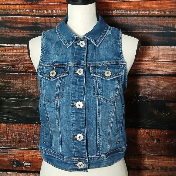 Vanity Y2K Denim Vest Size M Blue Jean Button Front Distressed Cropped - Picture 2 of 10